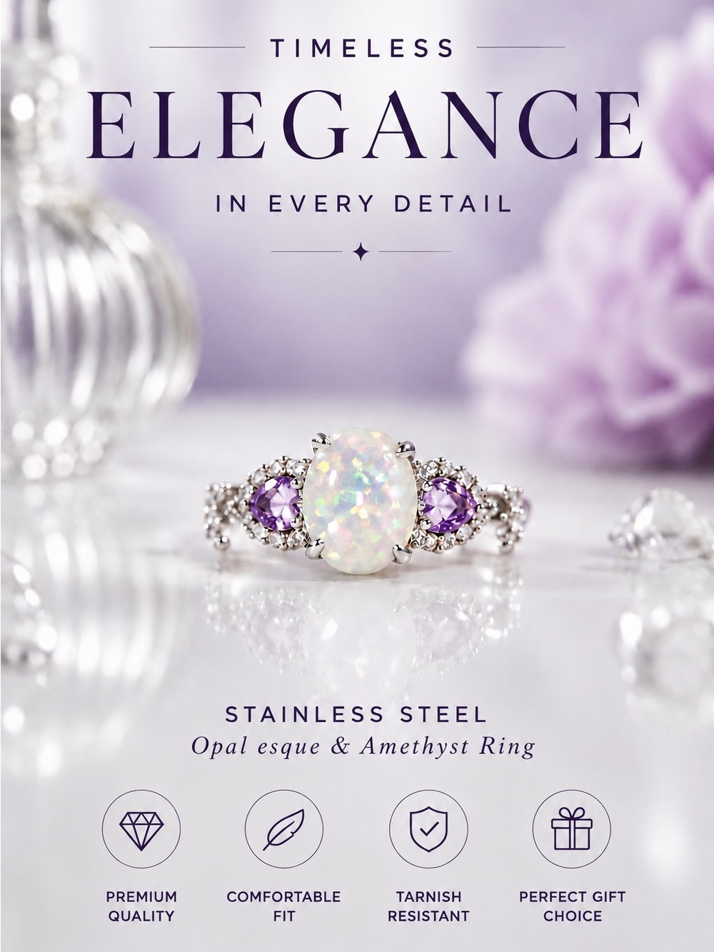 Size 9 Stainless Steel Opal-Esque & Amethyst Ring - Purple and White